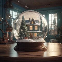 Wall Mural - Merry christmas snow globe with a house on snowfall winter background. 3d illustration. Created with generative AI.