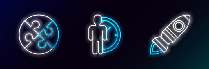 Poster - Set line Rocket ship with fire, Piece of puzzle and Time Management icon. Glowing neon. Vector