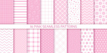 Pink Background. Girly Seamless Pattern. Set Scrapbook Prints. Baby Girl Texture With Polka Dot, Zigzag, Flowers, Heart And Check. Cute Pastel Packing Paper For Scrap Design. Color Vector Illustration