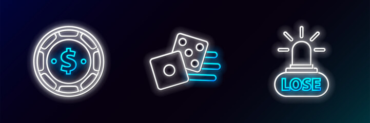 Sticker - Set line Casino losing, chip with dollar and Game dice icon. Glowing neon. Vector