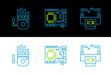 Poster - Set line Assembly line, Mechanical robot hand and Printed circuit board PCB icon. Vector