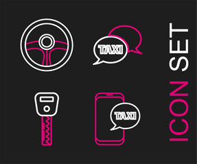 Poster - Set line Taxi call telephone service, Car key, and Steering wheel icon. Vector