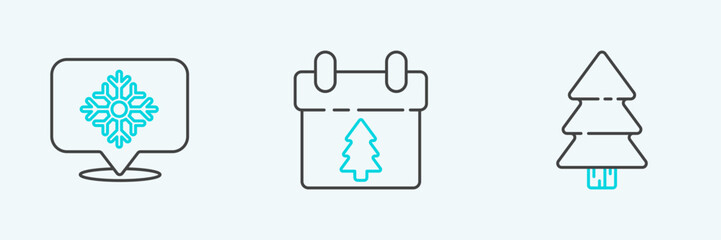 Poster - Set line Christmas tree, Snowflake with speech bubble and Calendar icon. Vector