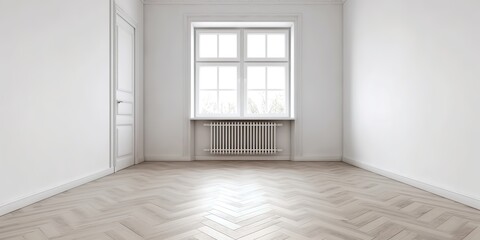 Wall Mural - Empty corner in a white room with parquet flooring, Generative AI