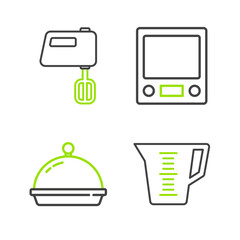 Sticker - Set line Measuring cup, Covered with tray of food, Electronic scales and Electric mixer icon. Vector