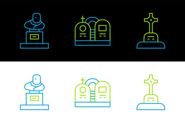 Poster - Set line Grave with cross, tombstone and icon. Vector