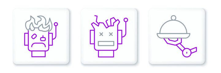 Poster - Set line Waiter robot, Robot burned out and Broken icon. Vector