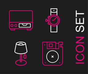 Poster - Set line Floppy disk, Floor lamp, Wrist watch and Old video cassette player icon. Vector