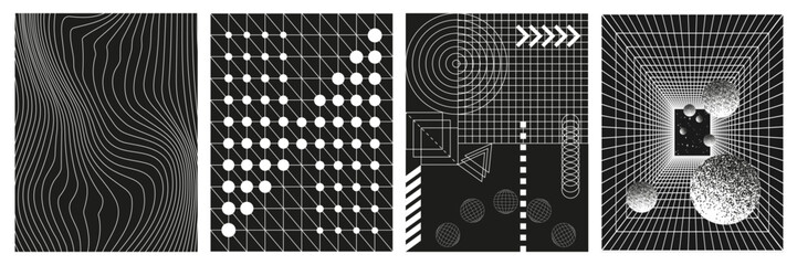 Fototapete - Set of abstract geometric figures contemporary artwork, abstract monochrome vector set posters, cover, invitation inspired brutalism. Flat vector illustration with 3d wireframe models. 