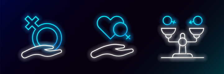 Poster - Set line Gender equality, Female gender and Heart with female icon. Glowing neon. Vector