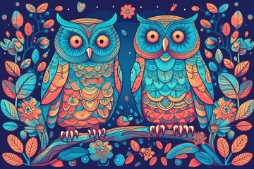 Canvas Print - Illustration of two owls perched on a branch with a floral and leafy background. Generative AI