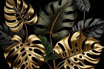  Tropical palm leaves pattern background. Gold and black monstera tree foliage decoration design. Plant with exotic leaf closeup. Generative AI