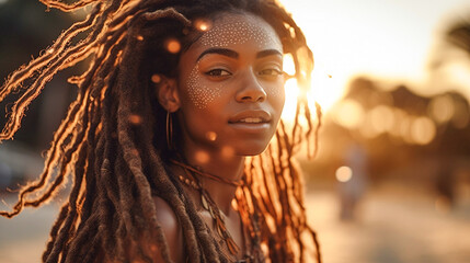 Portrait of a young woman with dreadlocks on a beach.