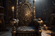 Empty royal throne in dark castle hall. Fantasy medieval throne for king. Created with Generative AI
