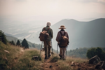senior couple hiking in mountains. elderly tourists with bikepacks travelling outdoor. active lifest
