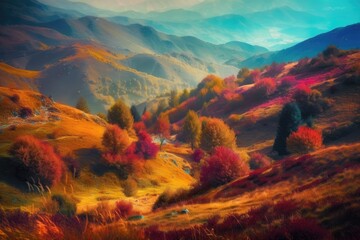 Wall Mural - vibrant mountain landscape with autumn trees. Generative AI