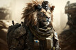 © dragomirescu - Lion dressed in military uniform as a soldier. Powerful commander army figure. Ai generated.
