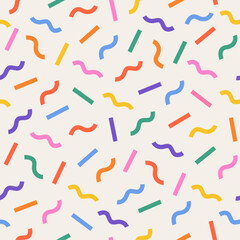 Fun and colorful seamless pattern. Pattern includes bright elements, such as colorful lines, and curved lines. The simple and childish scribble pattern makes it a playful and whimsical design.