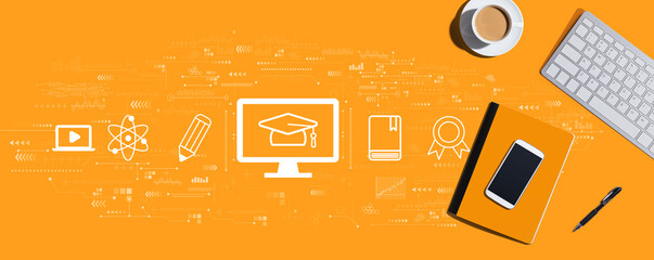 Poster - e-learning concept with a computer keyboard and office items