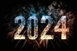 2024 Himmel voller Rauch und  Funken: Feuerwerk 2024 Silvester mit der Jahreszahl am Himmel. (Generative AI)