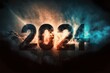 2024 Himmel voller Rauch und  Funken: Feuerwerk 2024 Silvester mit der Jahreszahl am Himmel. (Generative AI)