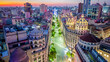 Buenos Aires Argentina Urban City Center at Night, Obelisk and Central Avenue during Summer, Orange and Violet Horizon Skyline drone aerial view 