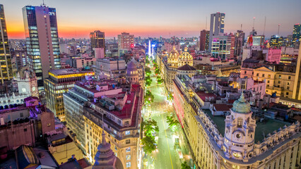 Wall Mural - Aerial Drone Panoramic Above Buenos Aires City Center at Night, Plaza de Mayo and Microcentro, Business District