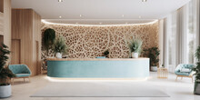Illustration Of Modern Hotel Lobby Space. Sleek Front Desk With A White Counter Parametric Design. AI Generative.