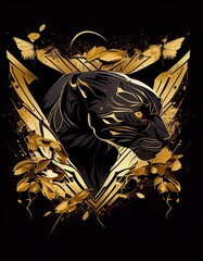 luxurious black panther, black, gold, creative, artistic. Generative AI.