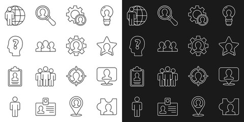 Sticker - Set line Head hunting, Location with person, Users group, question mark, and Human gear icon. Vector