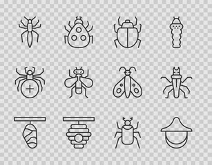 Wall Mural - Set line Butterfly cocoon, Beekeeper hat, Mite, Hive for bees, Spider, Insect, Beetle bug and Termite icon. Vector