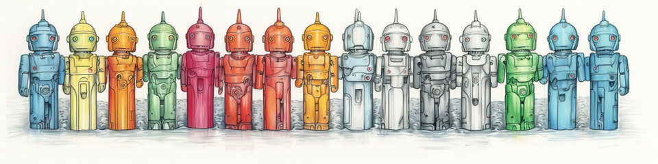 Wall Mural - rainbow row of cute colored robots, watecolor banner illustration isolated on white, AI generative image