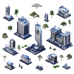 Isometric city constructor. Realistic urban 3D skyscrapers, business towers, offices, residential houses, commercial buildings, tree set. City design elements, megapolis town skyscraper icons isolated