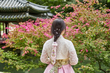 asian woman wearing a pink traditional hanbok dress in changdeokgung palace, seoul, south korea