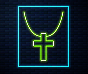 Canvas Print - Glowing neon line Christian cross on chain icon isolated on brick wall background. Church cross. Vector