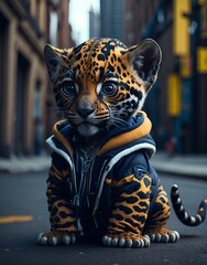 Default A cute Kawaii tiny hyper-realistic baby jaguar wearing hip ho