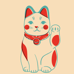 Lucky cat. Colorful cute screen printing effect. Riso print effect. Vector illustration. Graphic element  for fabric, textile, clothing, wrapping paper, wallpaper, poster.