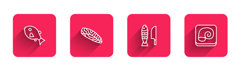 Sticker - Set line Tropical fish, Fish steak, with sliced pieces and Octopus on plate with long shadow. Red square button. Vector