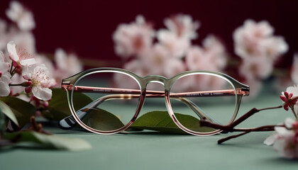 Canvas Print - Translucent Frame of glasses of round shape on on a turquoise background and flowers. Generative AI