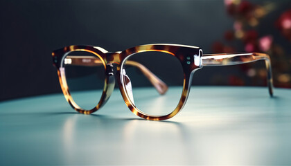 Canvas Print - Frame glasses animal print leopard or tiger on the table on a blurred background. Generative AI