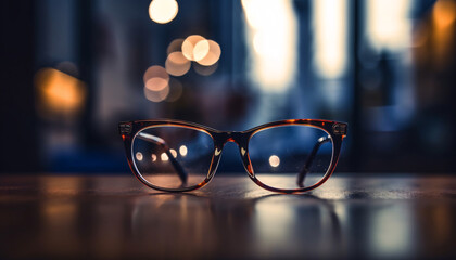 Frame glasses animal print leopard or tiger on the table on a blurred background. Generative AI