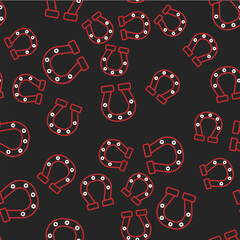 Wall Mural - Line Horseshoe icon isolated seamless pattern on black background. Vector