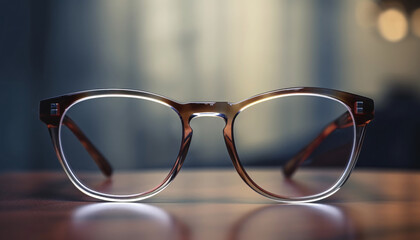 Frame glasses animal print leopard or tiger on the table on a blurred background. Generative AI