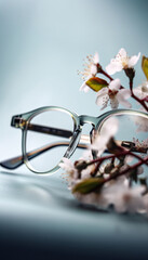 Canvas Print - Translucent eyeglass frames and flowers on a blue background. Generative AI