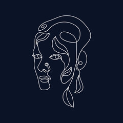 Wall Mural - Modern abstract line minimalistic women face arts on black background postcard or brochure cover design. Woman face. One line art. Vector illustrations design