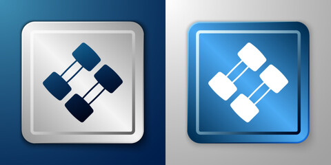 Poster - White Dumbbell icon isolated on blue and grey background. Muscle lifting, fitness barbell, sports equipment. Silver and blue square button. Vector