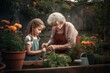 Gardening, family and people concept. Girl is gardening with her grandmother in the flower garden. Summer with family