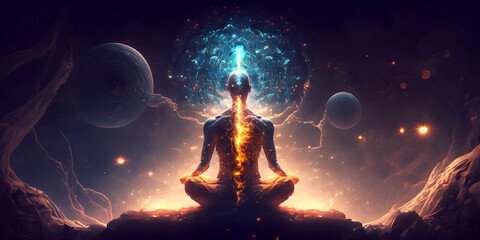 astral yoga silhouette of human in cosmic space meditate. back view man practicing transcendental sp