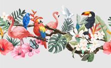 Seamless Horizontal Colorful Exotic Animals And Flowers Vector Illustration