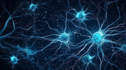 Nerve cell blue color banner, system neuron of brain with synapses. Medicine biology background. Generation AI.